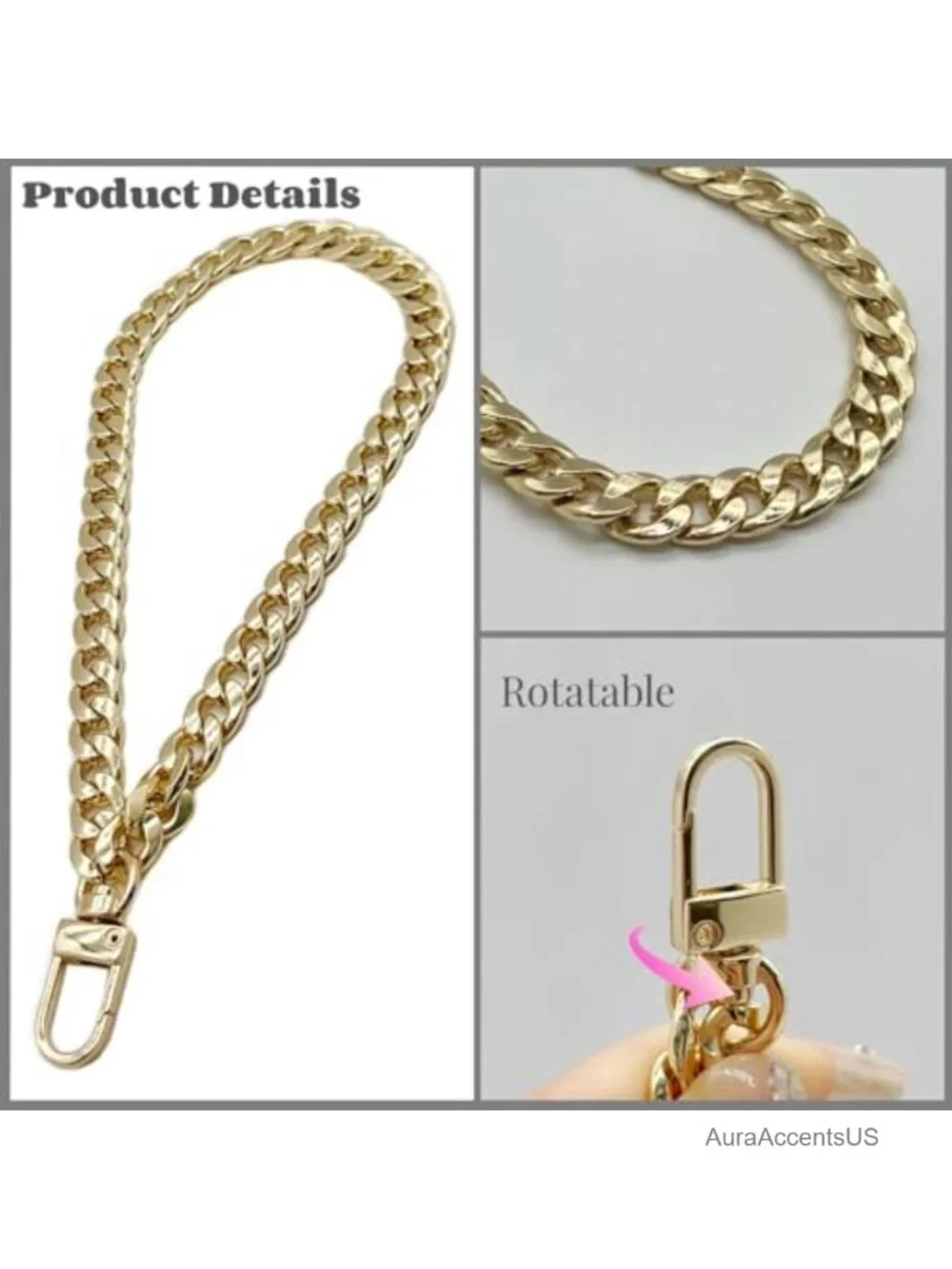 Gold Wrist Chain Strap for Purse Handbag Clutch Wallet, Iron Replacement Bag